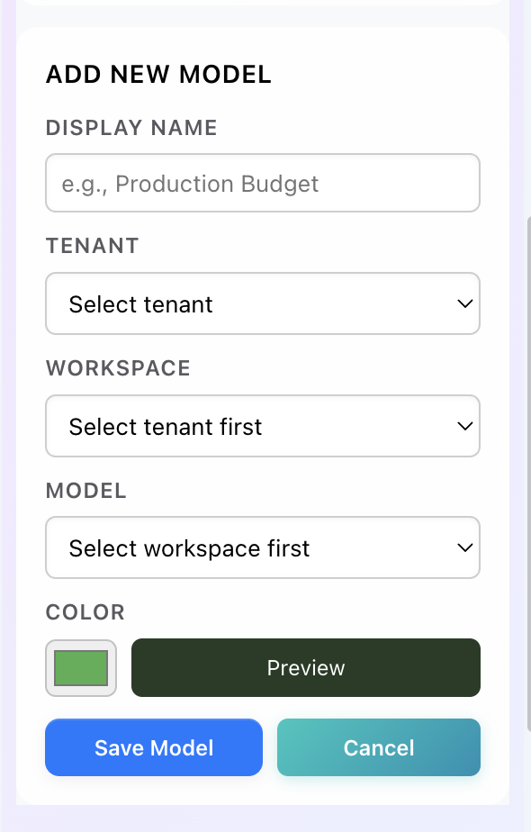 Add Model dialog with cascading dropdowns