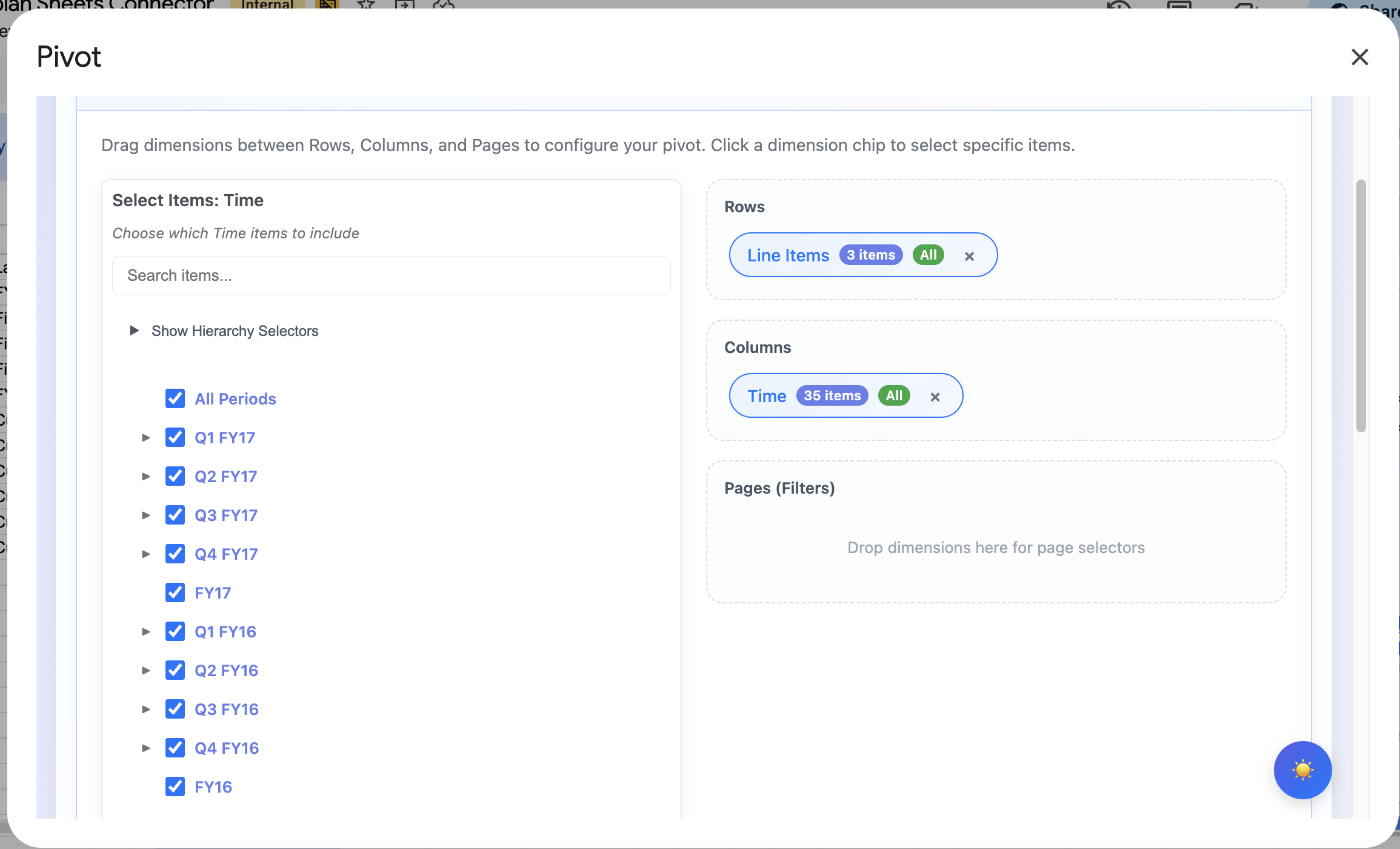 Pivot dialog with drag-and-drop zones