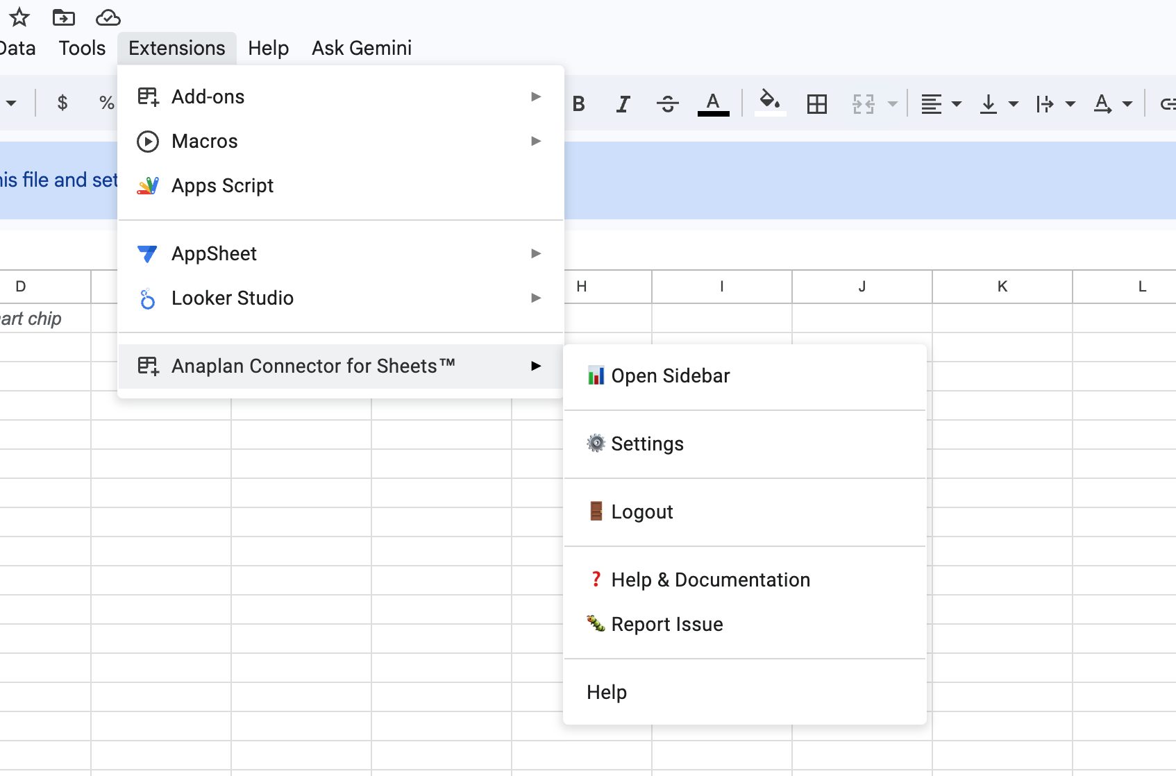 Opening the sidebar (Extensions > Anaplan Connector)