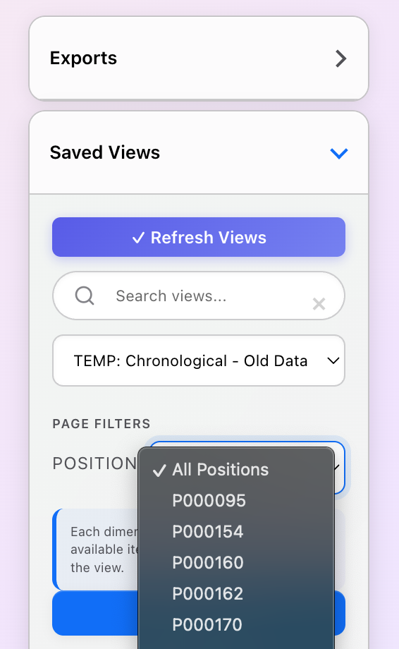 Views list with filters/dimensions