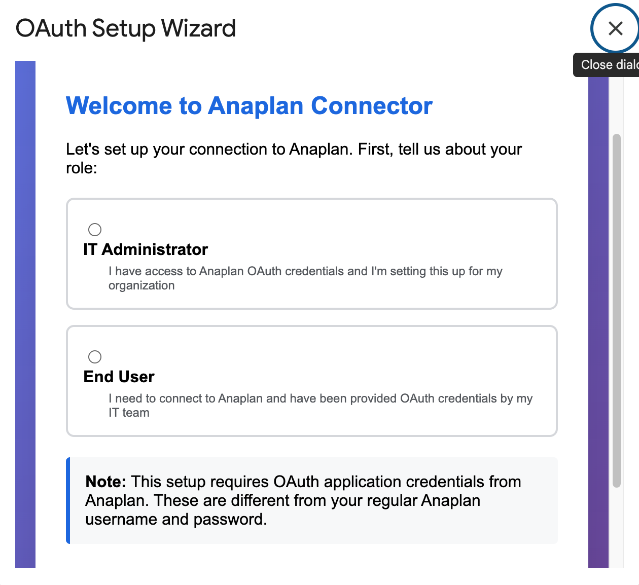 OAuth Setup Wizard welcome screen