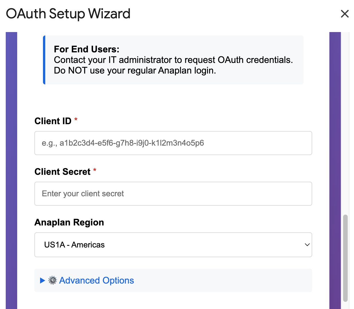 OAuth credentials input form